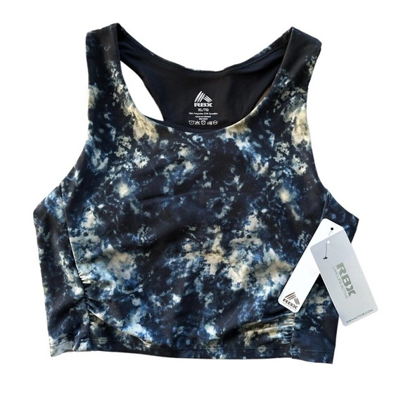 RBX Active Longline Racerback Sports Bra Size XL Blue Spatter Dye Pattern - Picture 1 of 5
